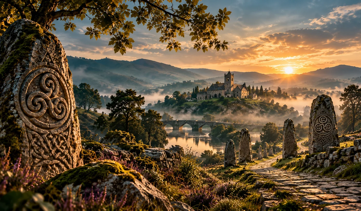 Ilustración de inspiración celta con menhires, camino antiguo, lago y paisaje de Santa Olalla